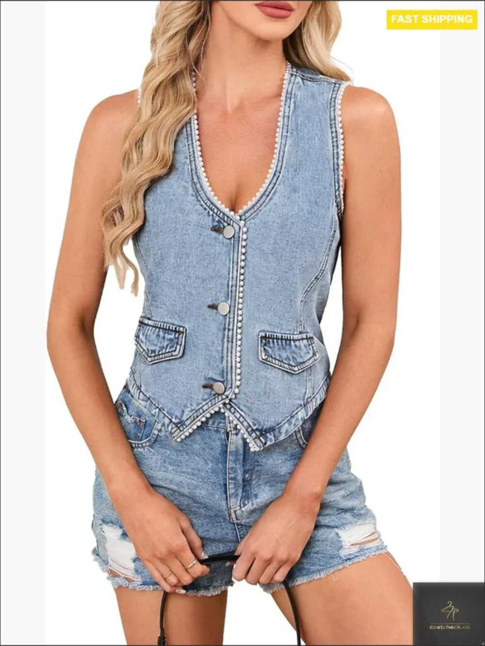 Sleeveless Denim Vest Fitted Cropped Pearl Trim V Neck Button Front